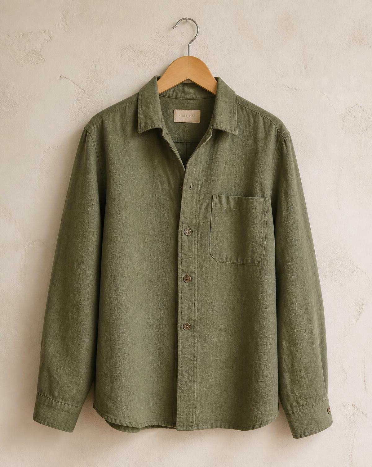Camisa de lli rentat en color Oliva suau